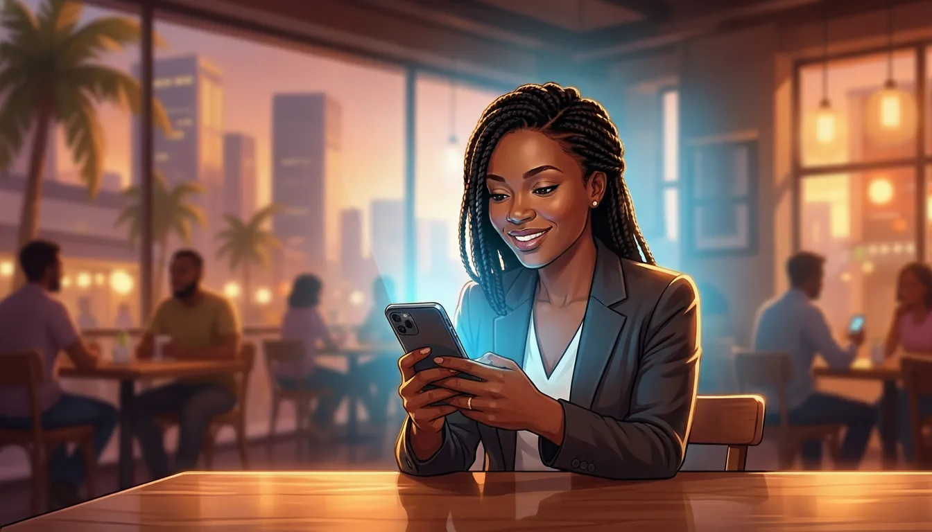 A Nigerian professional checking LinkedIn in a café and getting noticed